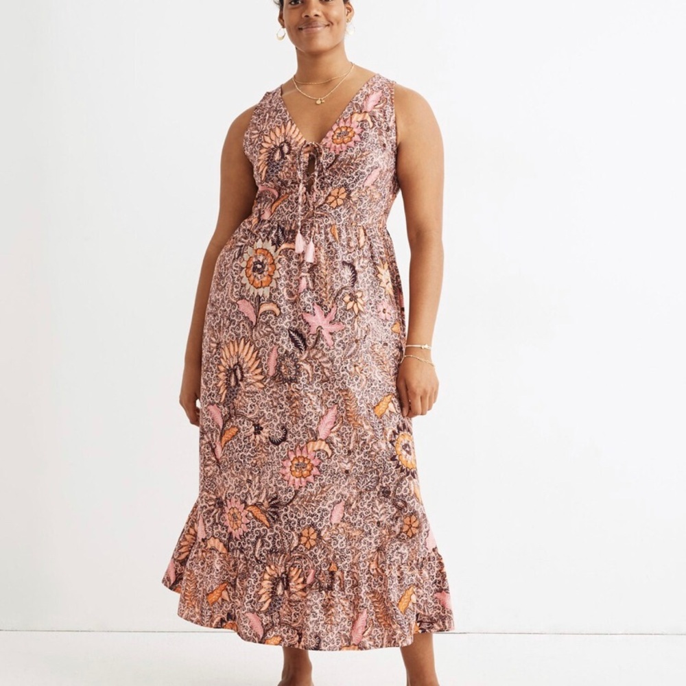 Madewell Lace-Up Ruffle-Hem Midi Dress in Bali Blooms